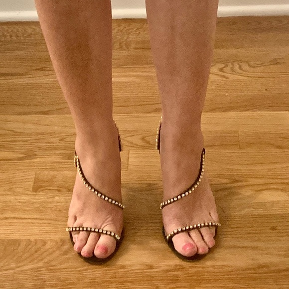 JULIEN MACDONALD black satin strappy sandal heels with rhinestones VTG - Picture 6 of 13